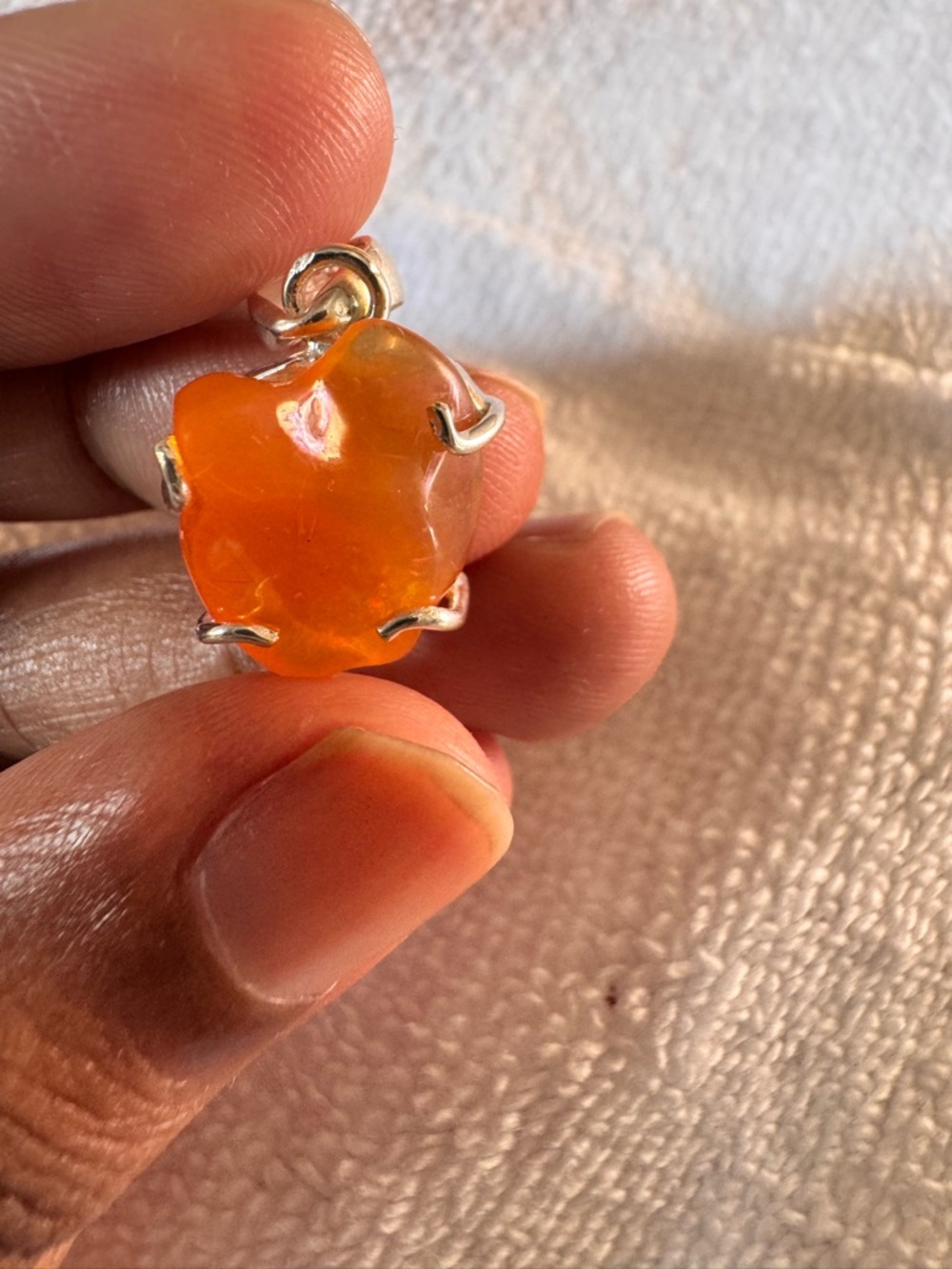 Handcrafted Orange Fire Agate Pendant in Silver Prong Setting